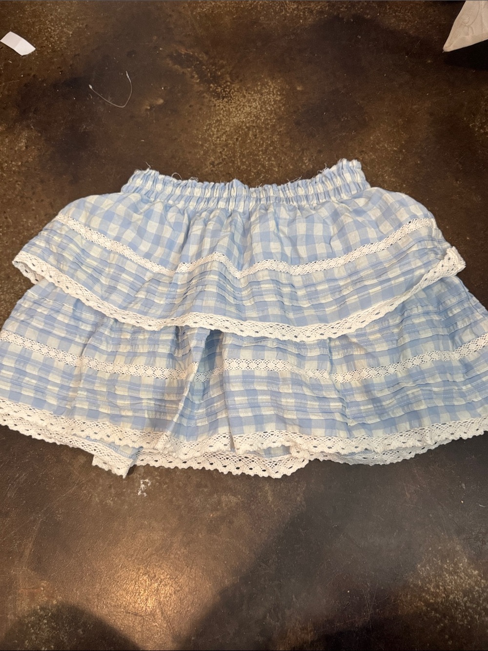 Light Blue Gingham Lace-Trim Circle Skirt